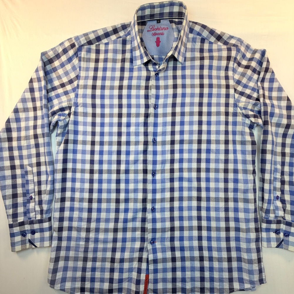 Luchiano Visconti Button Down Mens L Blue Textured Check Plaid Cotton Shirt